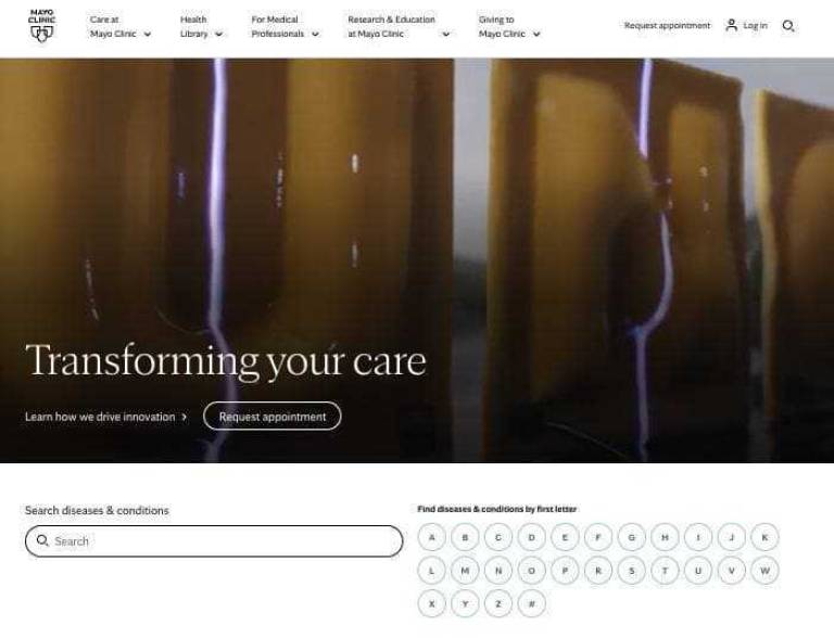 mayo clinic homepage with a prominent search bar and alphabetical index for finding diseases and conditions
