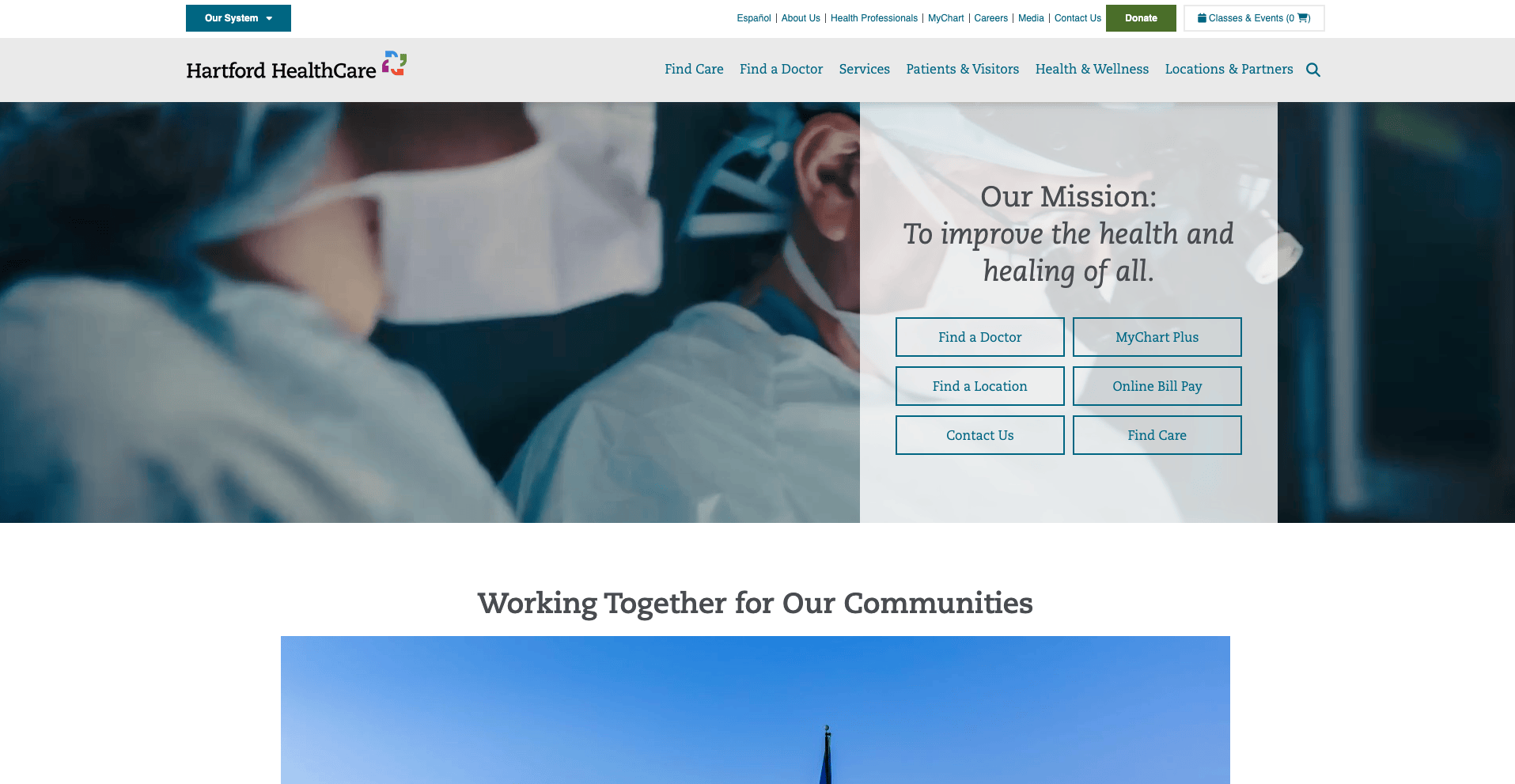 hartford healthcare homepage with clinical care imagery and quick links to find a doctor, location, and care