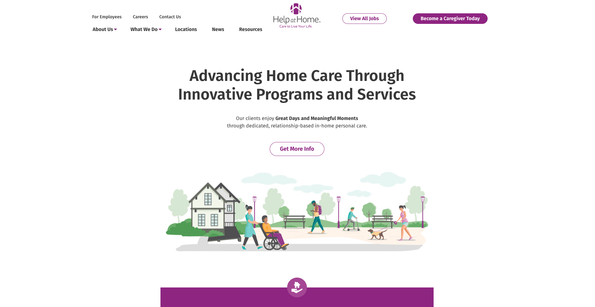 help at home homepage with separate navigation paths for employees, caregivers, and clients above a unified brand message