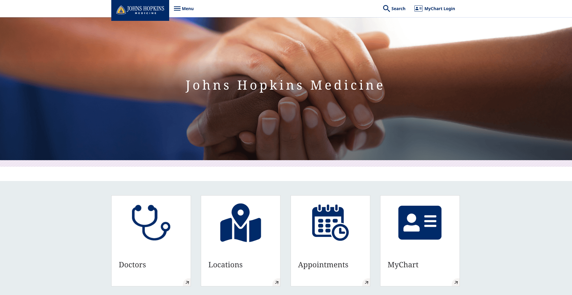 johns hopkins medicine homepage with clear labeled icons for doctors, locations, appointments, and mychart