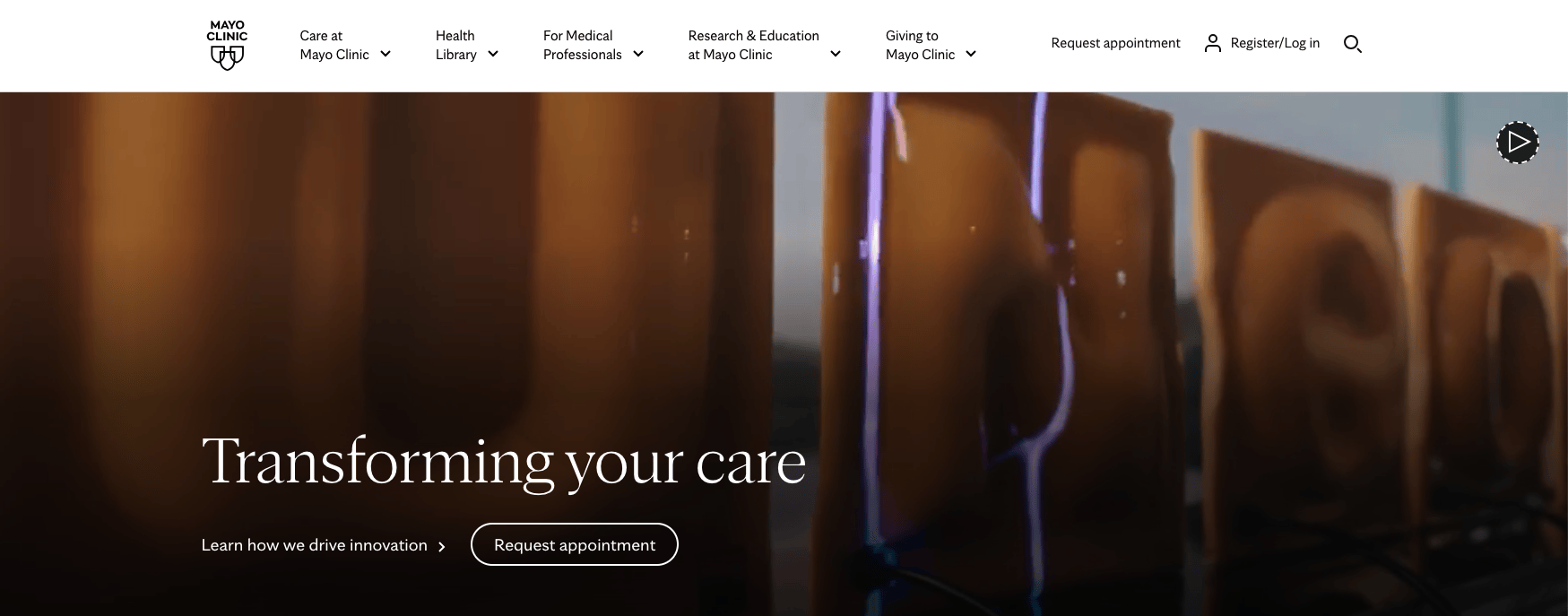 mayo clinic homepage with a prominent search bar and alphabetical index for finding diseases and conditions
