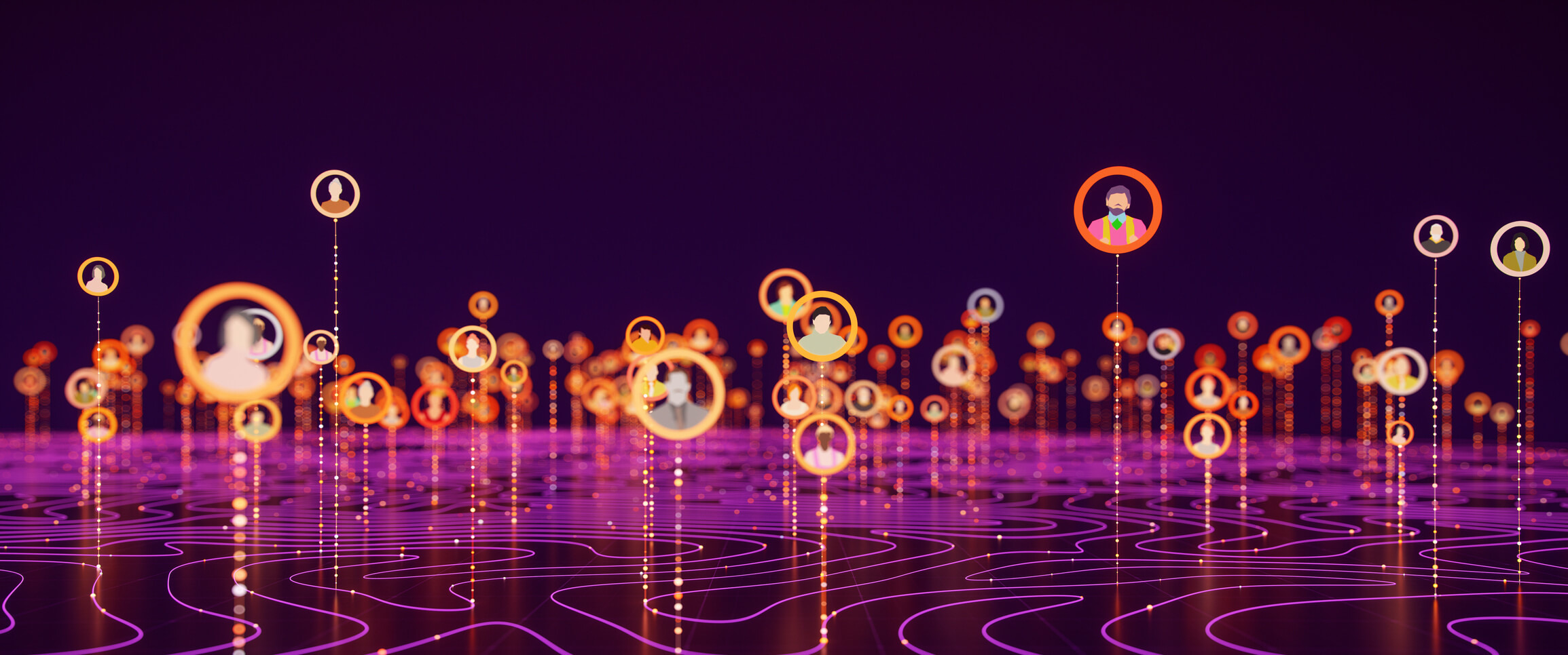abstract network illustration showing connected user icons across a digital surface, representing how systems identify visitors and adjust content based on behavior and context