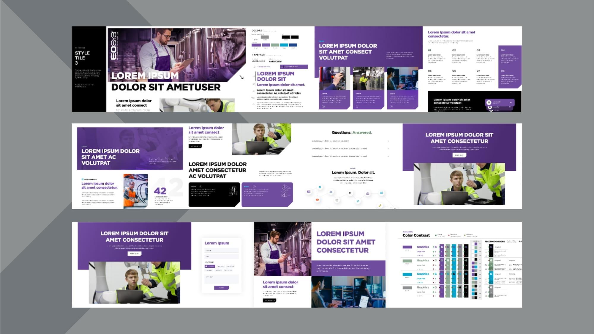 set of EOSYS style tiles displaying brand colors, clean gradients, typography choices, industry imagery, and early layout patterns that shaped the final visual design system