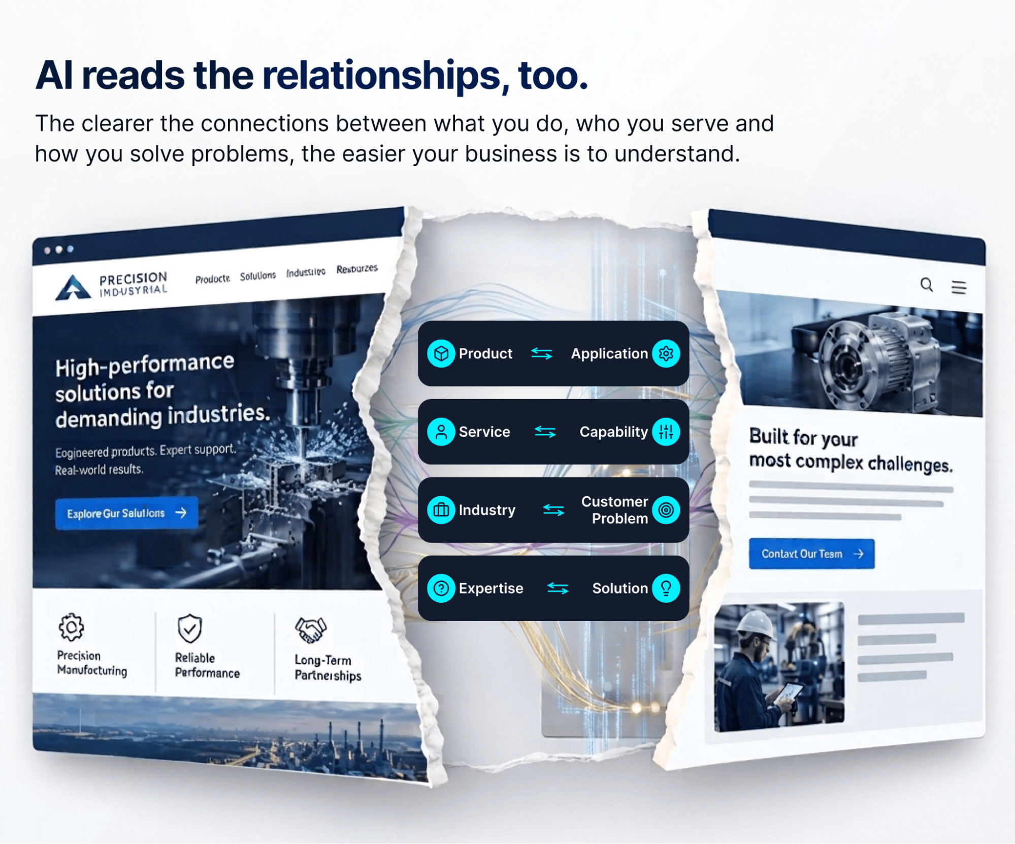 editorial illustration of a B2B industrial website torn open to reveal the underlying relationships between products, applications, services, capabilities, industries, customer problems, expertise, and solutions