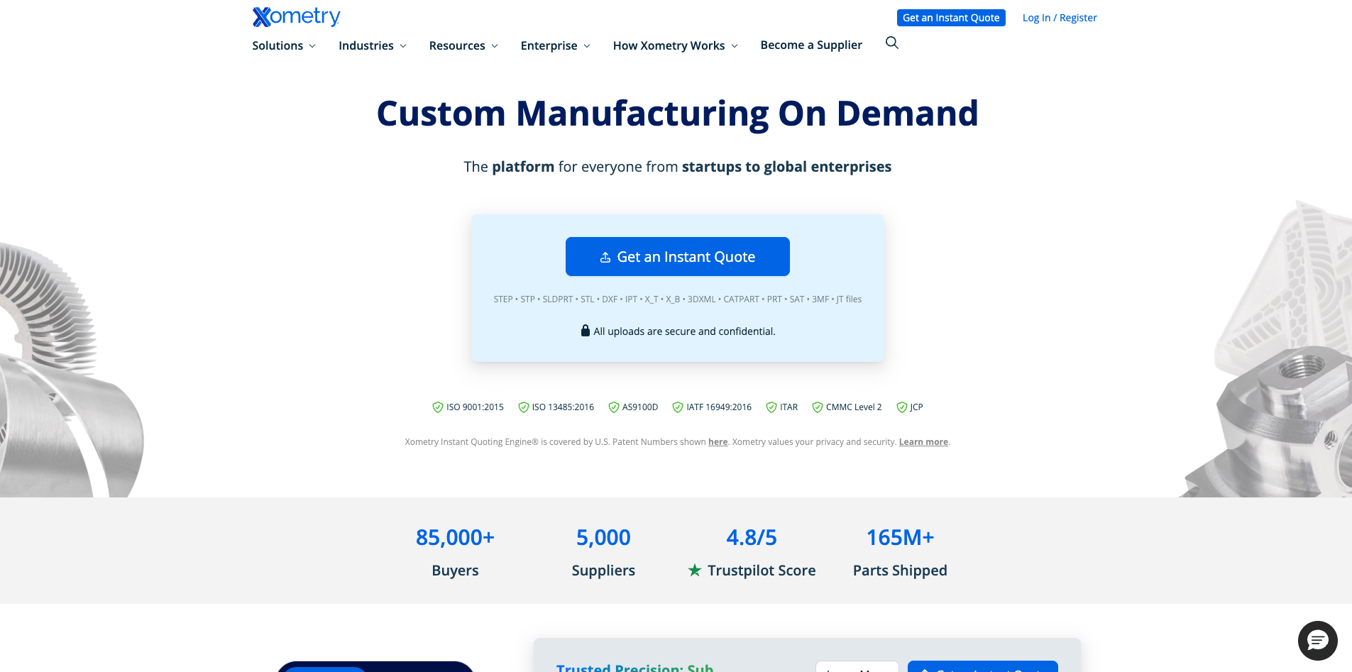 Xometry homepage highlighting instant quote options and manufacturing certifications
