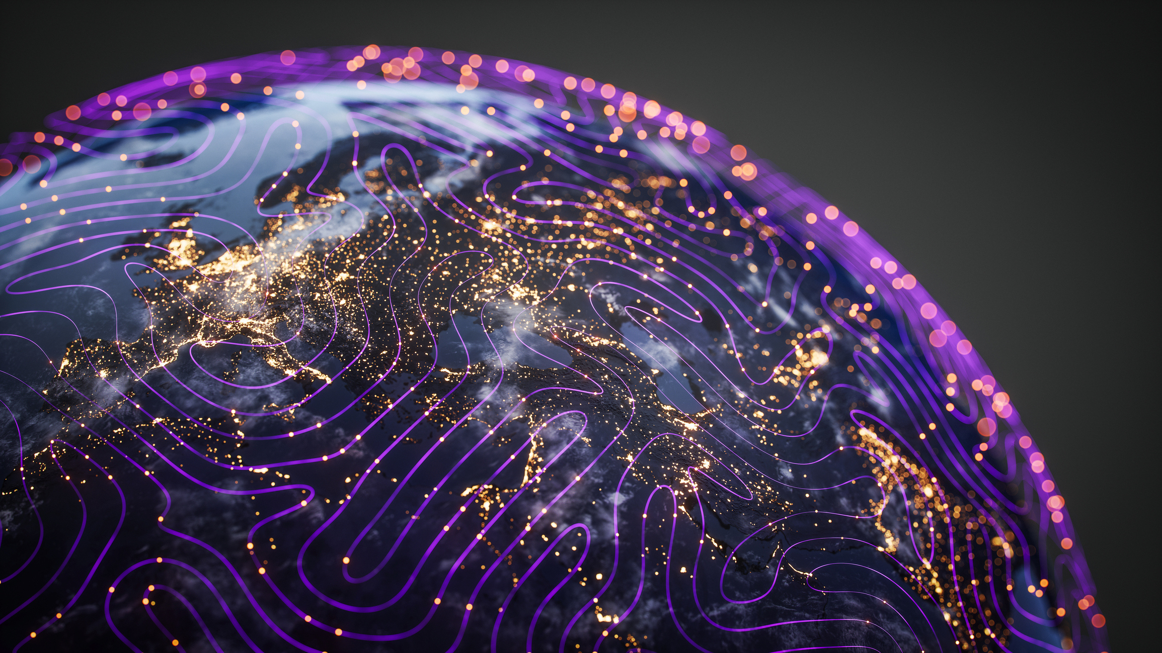 glowing nighttime view of Earth with connected data lines, representing Zendesk unifying global CX survey responses into actionable insights
