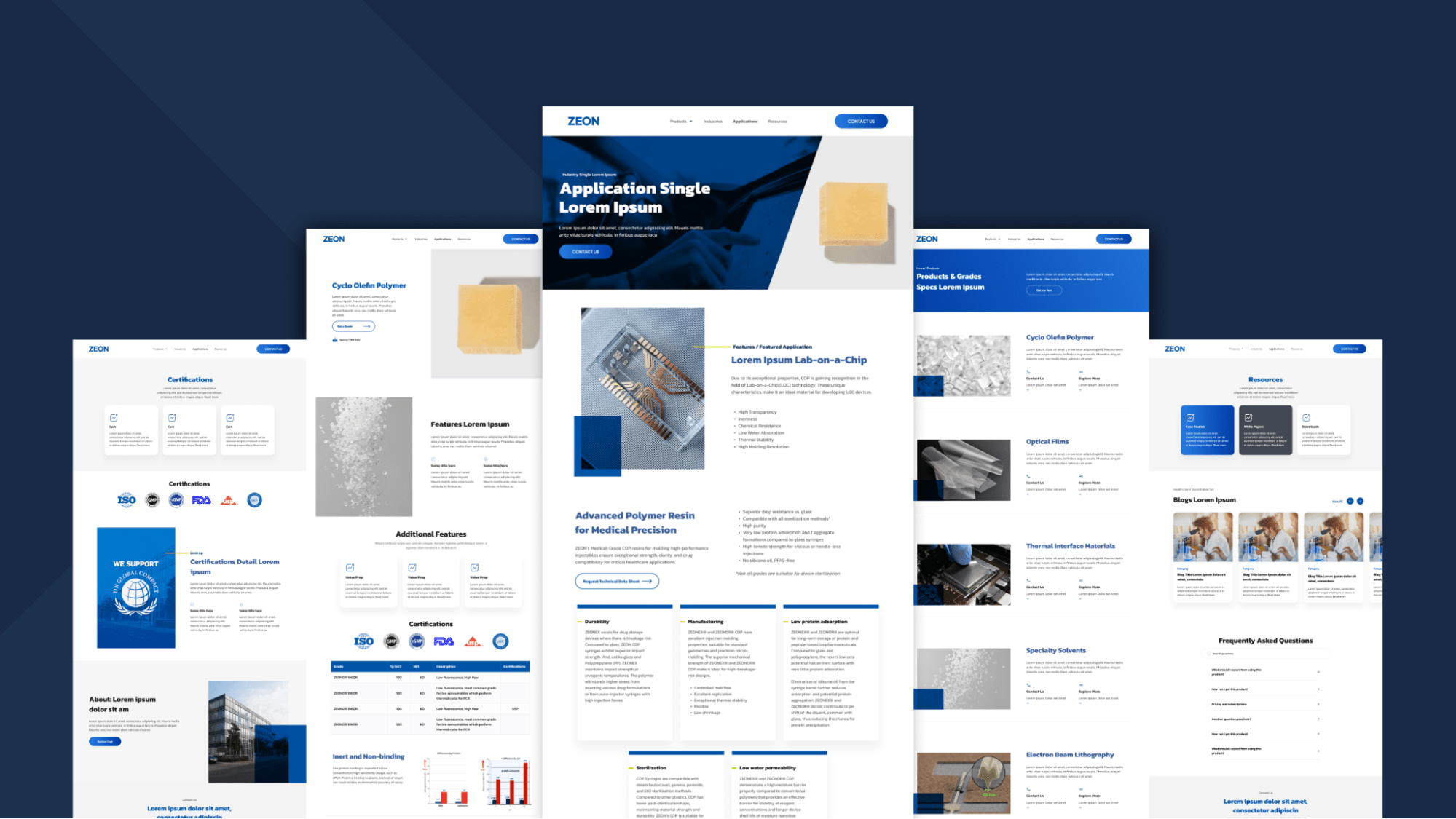 multi‑page website mockup for ZEON SMI showing product, application, certification, and resource pages arranged side by side in a clean technical layout with blue and white design elements