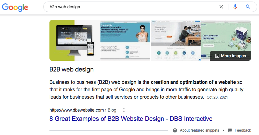 example of a featured snippet delivering brand authority for DBS Interactive when searching for b2b web design