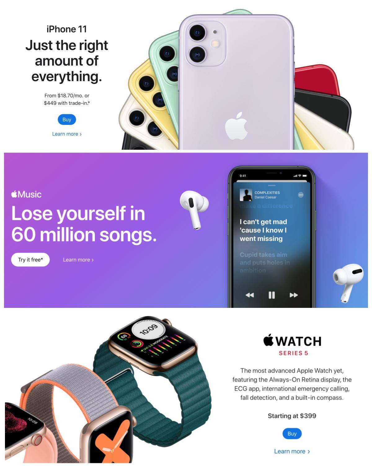 examples of the Apple website's brand design continuity across multiple products and pages