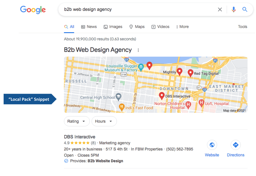 example of a Local Pack featured snippet in Google Search showing DBS Interactive as a B2B web design agency