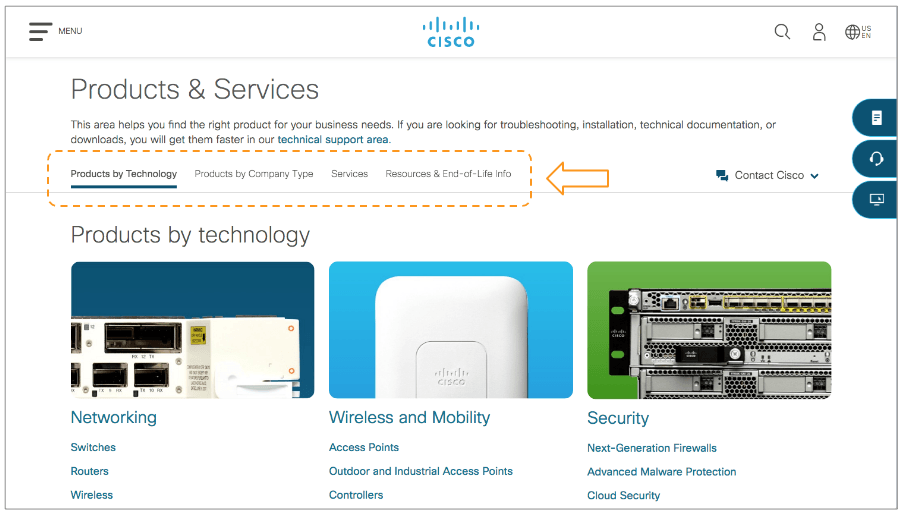 example of on-page navigation bars on Cisco website