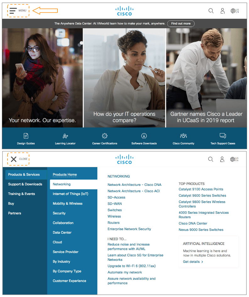 Best Manufacturing Website Examples - Cisco An example of the menu button on Cisco's website homepage displaying site navigation and content