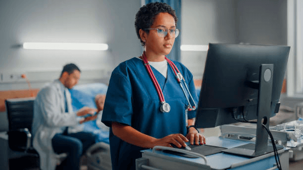 nurse checks information on hospital intranet as doctor consults with patient