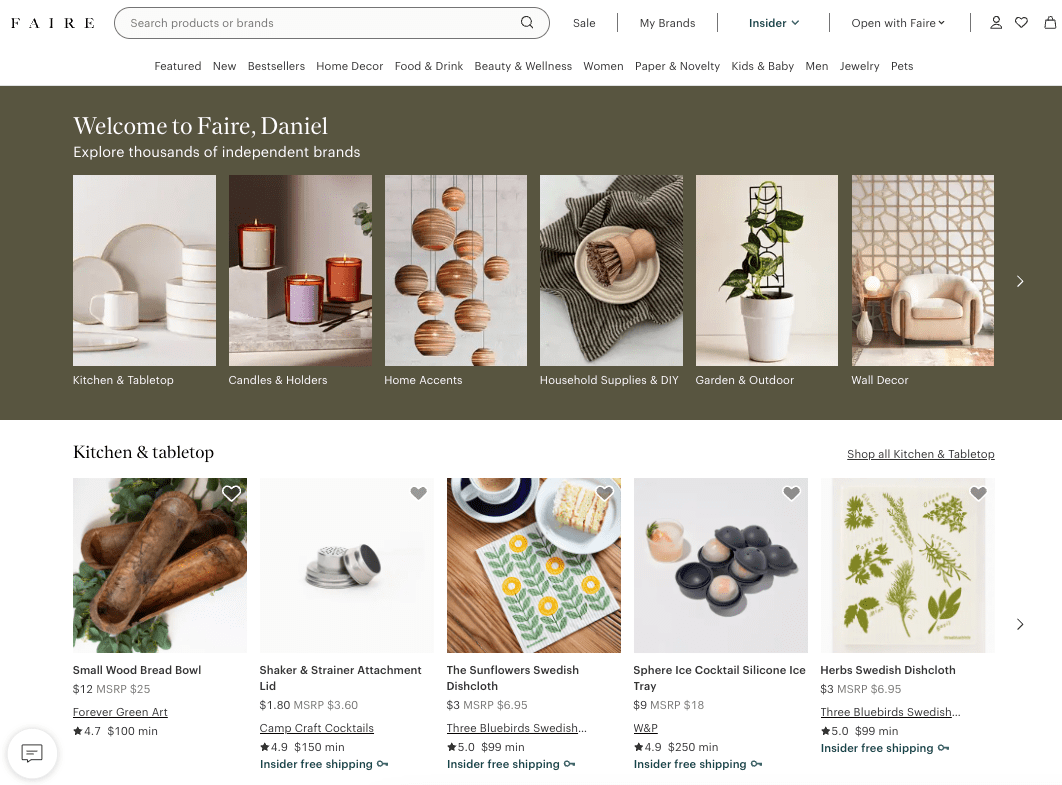 faire website homepage with distributor ecommerce portal