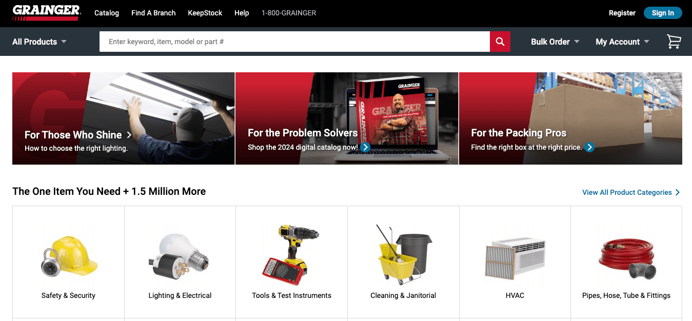 grainger website homepage with distributor ecommerce portal