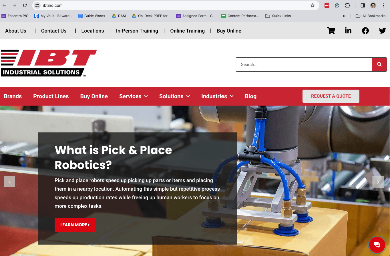 IBT Industrial Solutions website homepage with distributor ecommerce portal