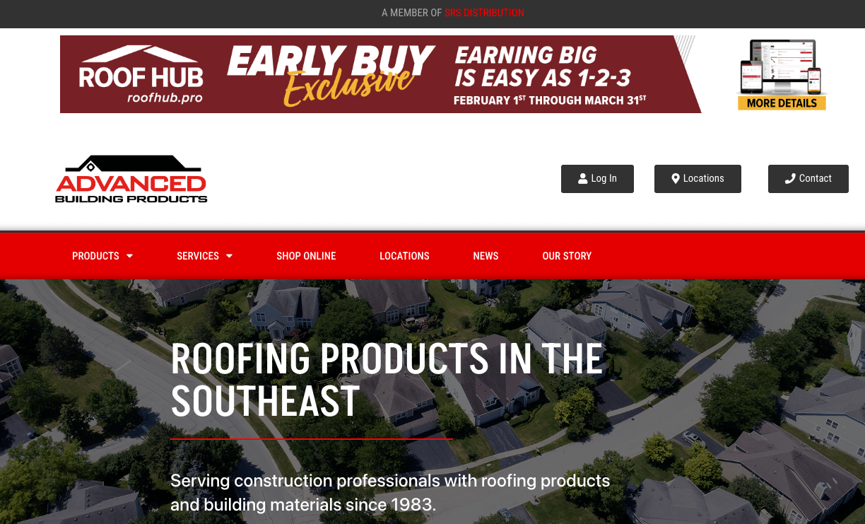 Roof hub website homepage with distributor ecommerce portal