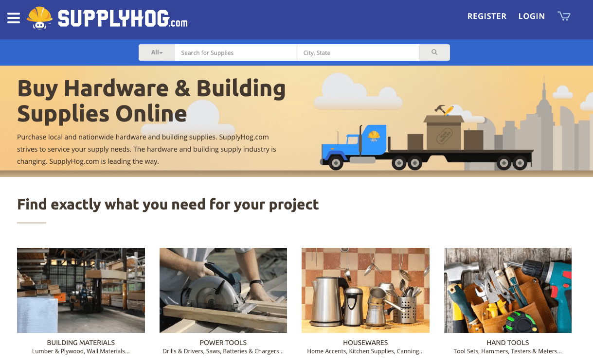 supply hog website homepage with distributor ecommerce portal