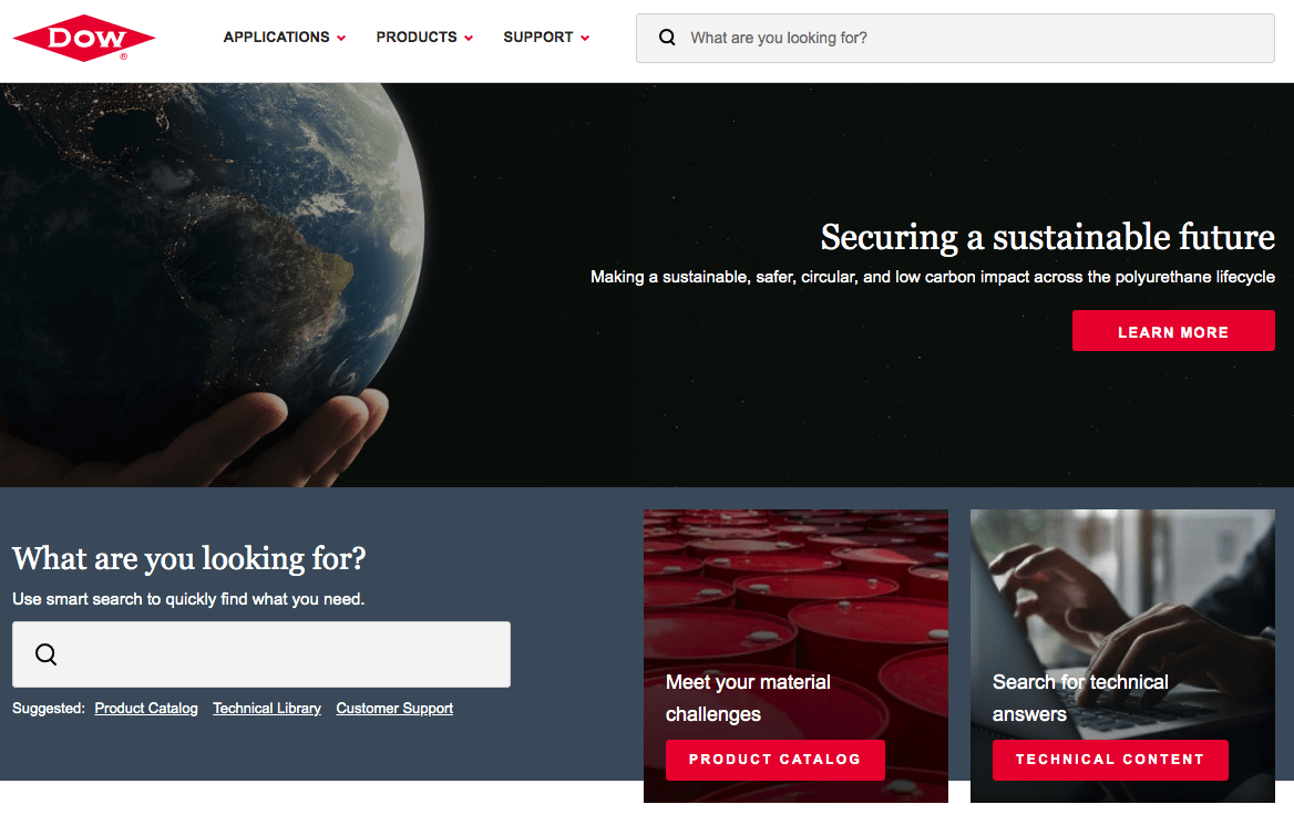 The homepage of the Dow website