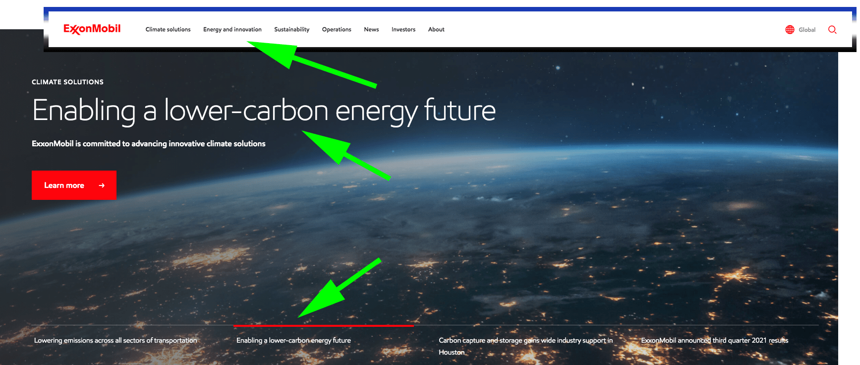 Exxon mobile homepage with highlighted navigation and green arrows pointing to the heading and important call outs