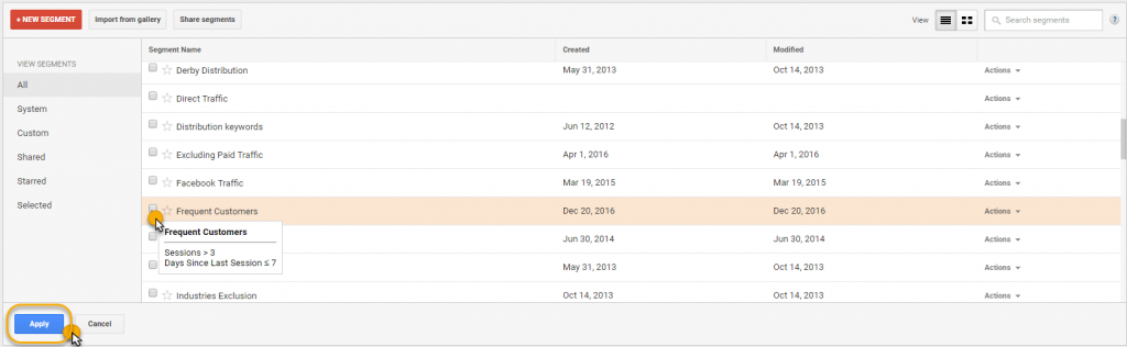 Graphic from Google Analytics tools showing how to apply a segment.