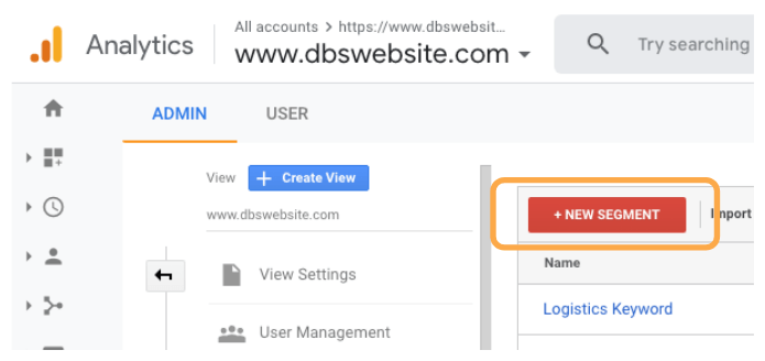Add Segment button via Admin menu Google Analytics dashboard