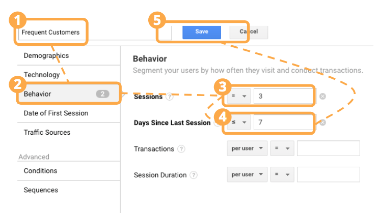 New Segment parameters frequency recency in Google Analytics