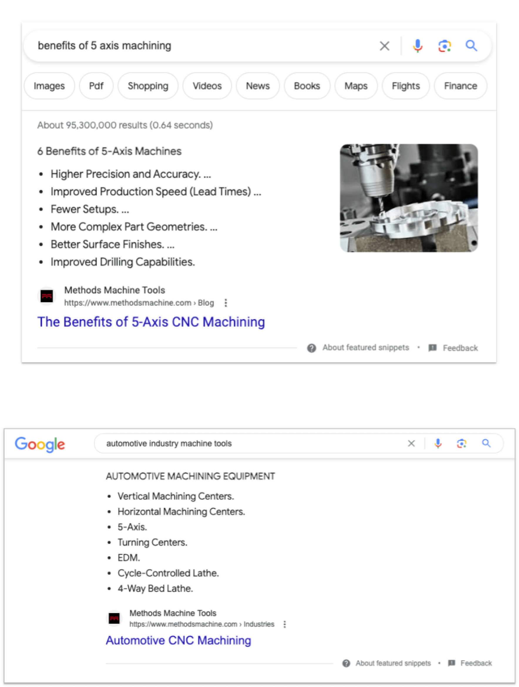 two screenshots stacked vertically of Google search results, each showing a different search term and the top result