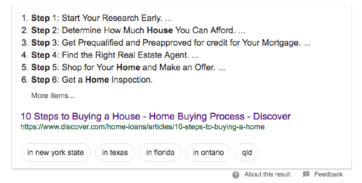 a featured snippet on Google's SERP won by discover.com