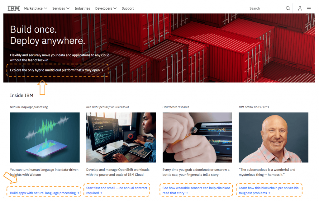 Example of calls-to-action on IBM's website