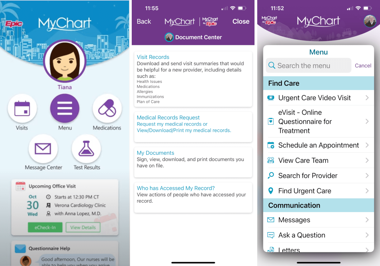 Screen shot of MyChart app