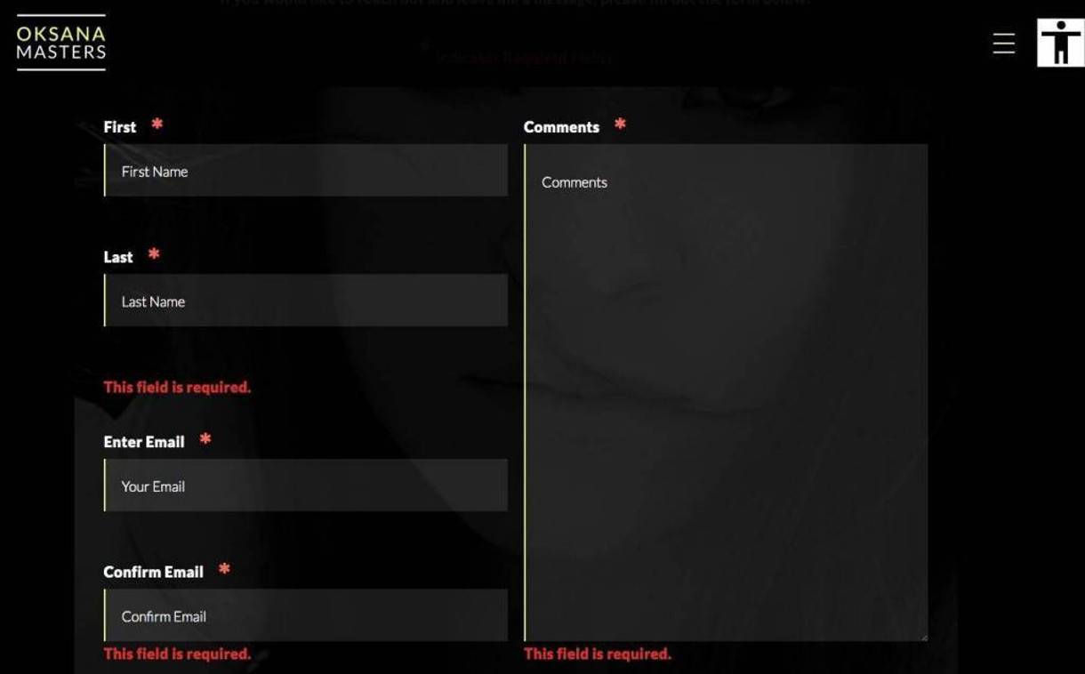 a screenshot of the Oksana Masters website's contact form as an example of web accessibility