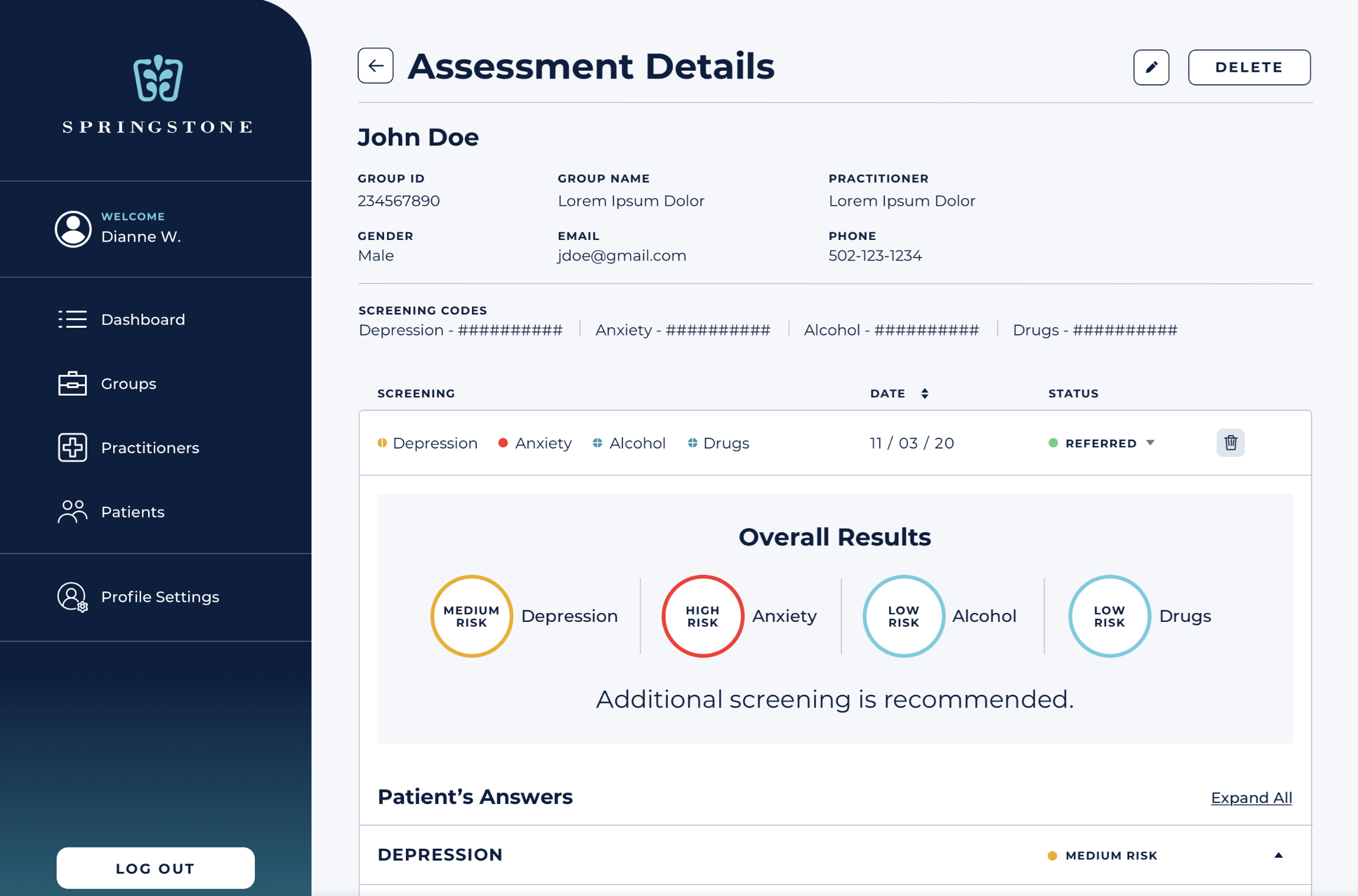 Screening Assessment Details in the Springstone mental health assessment app