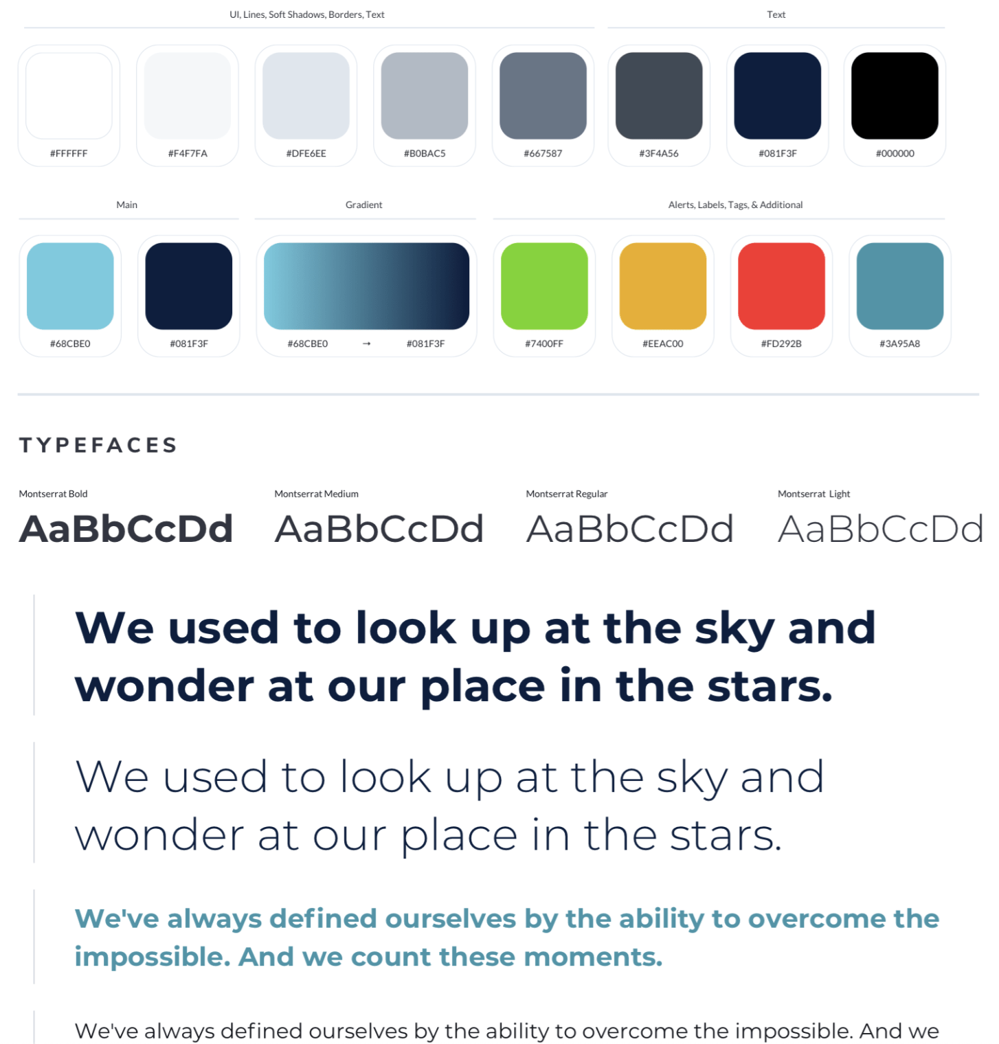 Chart of Digital Styles typefaces text and colors for the Springstone app