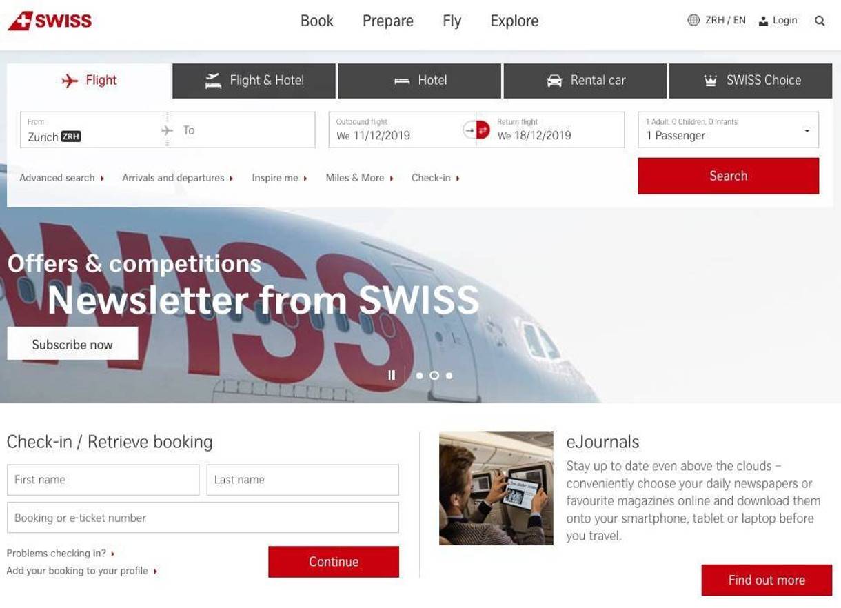 a screenshot of the Swiss Air website homepage as an example of web accessibility