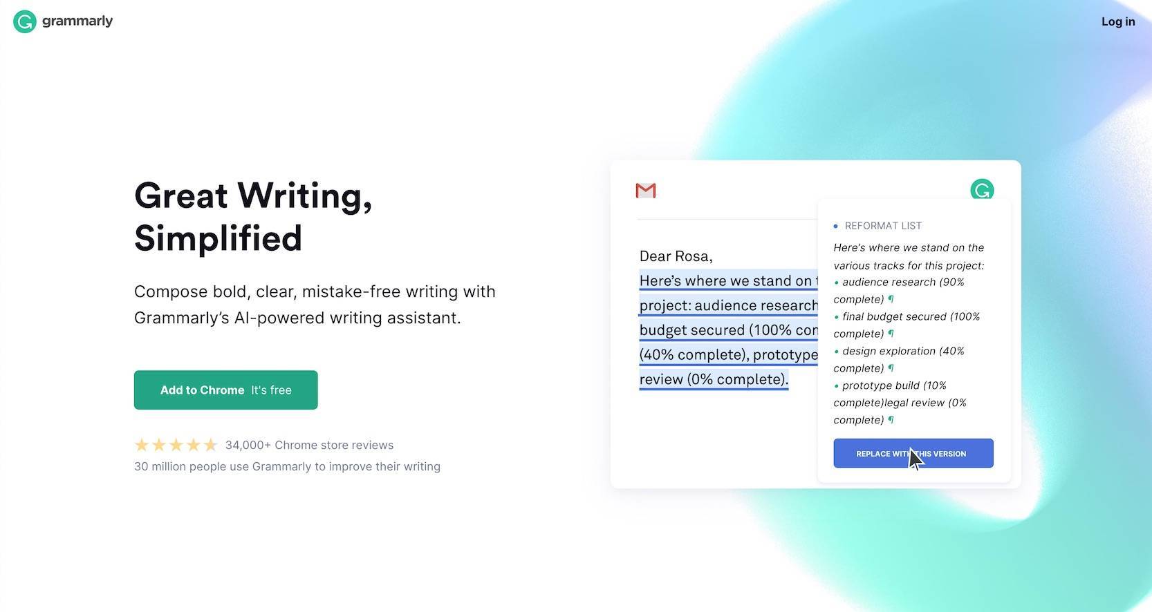 the b2b website home page for Grammarly that effectively uses web design elements to tell a story to users
