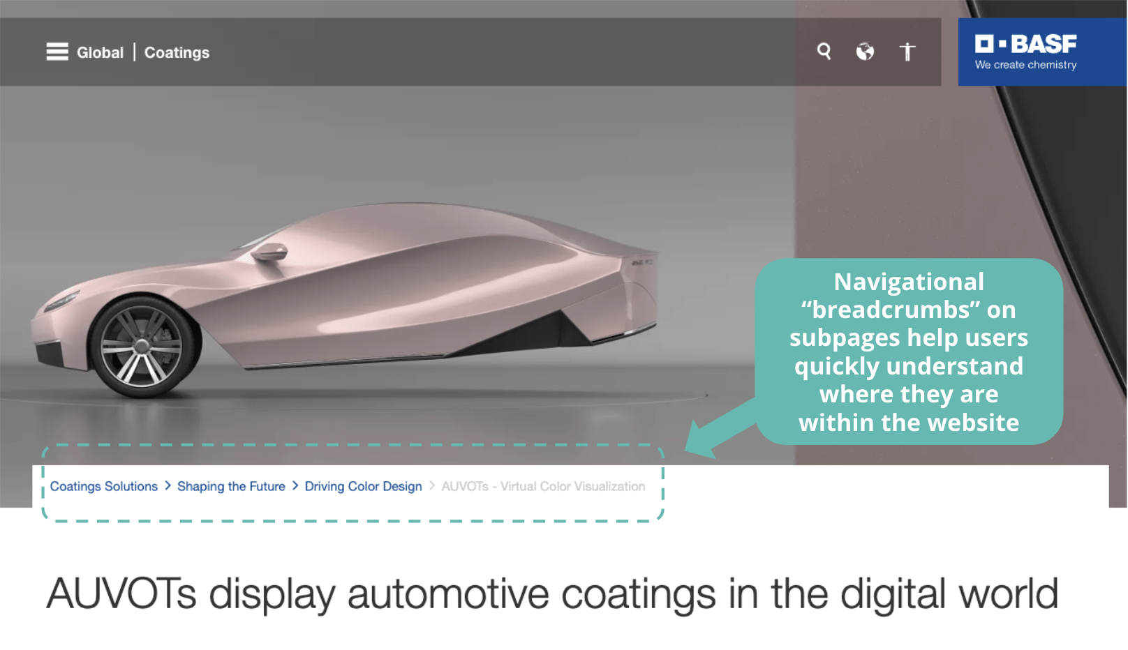 navigational breadcrumbs seen on an interior page of the BASF manufacturing website