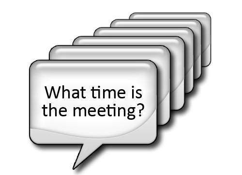 Graphic of a chat bubble saying What Time is The Meeting