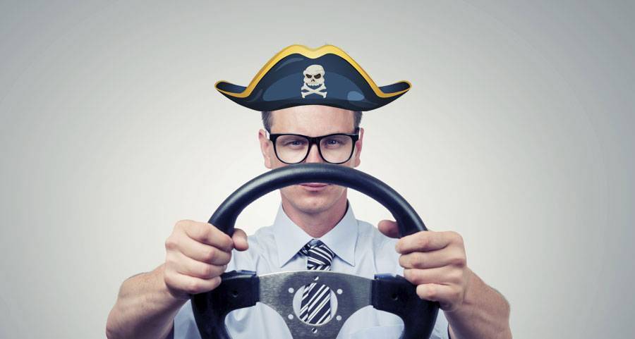 copyright myths image of pirate holding steering wheel