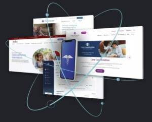 Illustration of healthcare websites with phone featuring caduceus