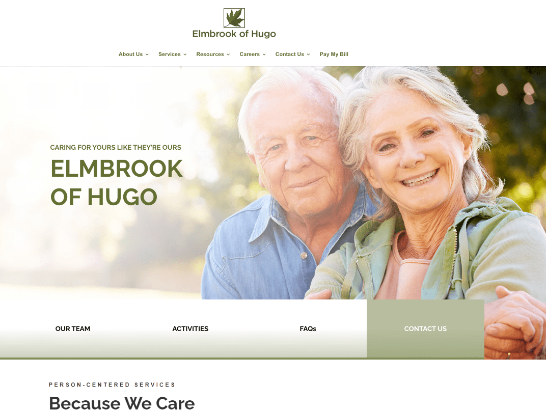 Screen grab of elmbrook of hugo skilled nursing website home page