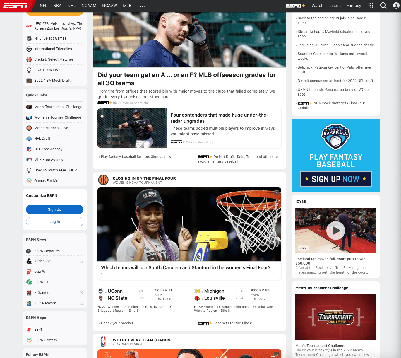 homepage of espn in 2022