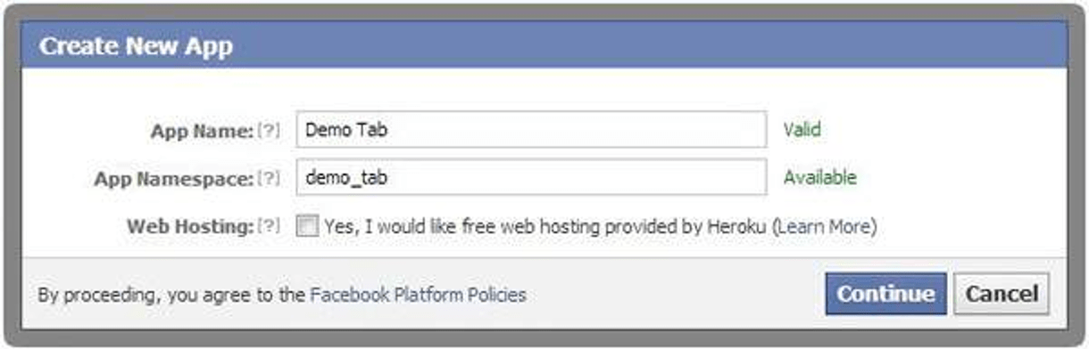 Screenshot of Facebook Create New App function