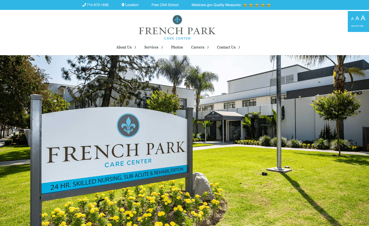 Screen grab of french park skilled nursing website home page