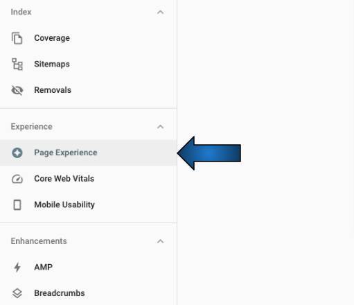 screenshot showing the new page experience tab in google search console