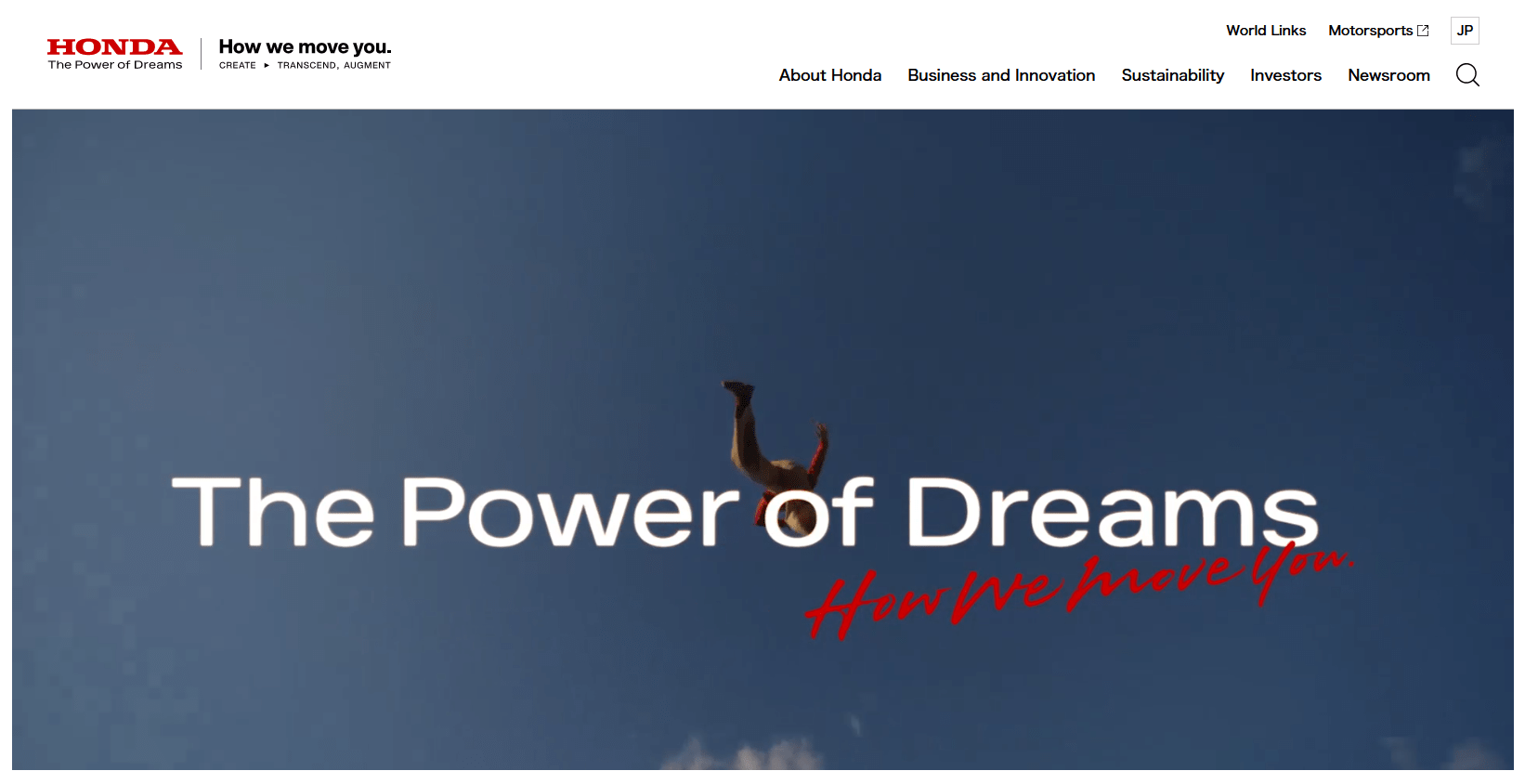 honda global home page focuses on brand messaging with the words power of dreams and how we move you