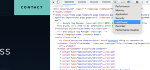 screenshot showing where to select Lighthouse from dropdown in Google Chrome DevTools panel