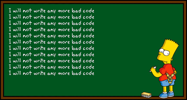 Illustration of Bart Simpson at a chalk board writing sentences of I will not write any more bad code