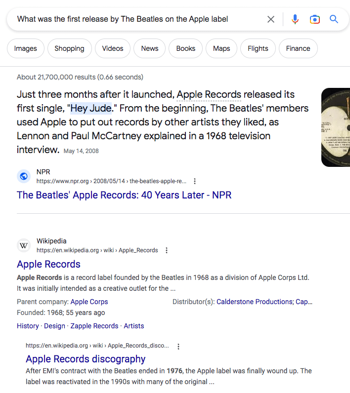 top search result for the phrase what was the first release by The Beatles on the apple label