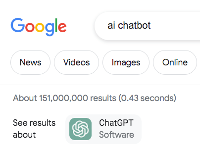 Image showing the number of search results for the phrase ai chatbot